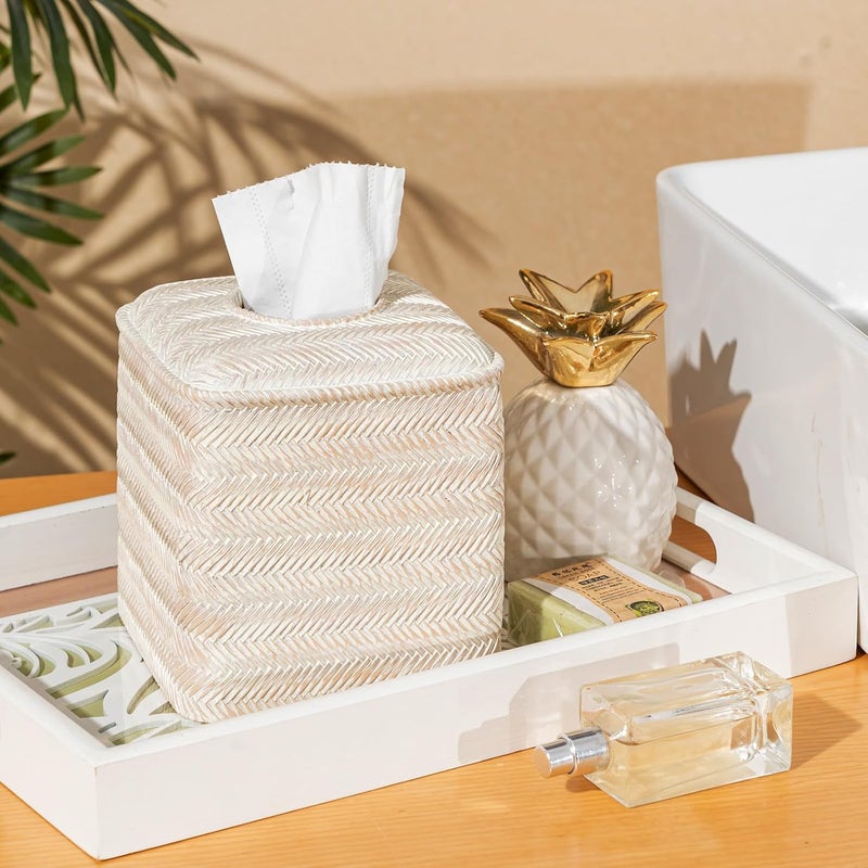 Polytree Tissue Box Cover Square Resin Tissue Holder for Home Decor,Hand Carved Wicker Tissue Box Holder,5.3 x 5.3 x 5.9 inches, Farmhouse White - Image 5